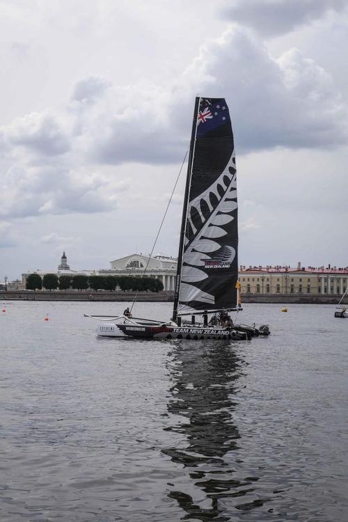 Emirates Team New Zealand yacht gets ready for racing on the final day of Act 4 of the Extreme Sailing Series in St Petersburg, Russia © Hamish Hooper/Emirates Team NZ http://www.etnzblog.com