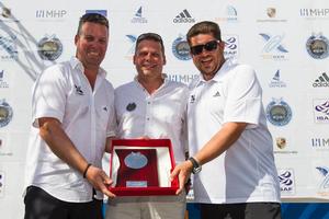 2014 Match Race Germany - James Pleasance (centre) presenting commemorative Garrard plaque to the organisers, Eberhard Magg and Harald Thierer. photo copyright  Ian Roman / WMRT taken at  and featuring the  class