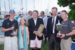 His Excellency the Governor of Bermuda Mr. George Fergusson in tie, his wife Mrs Fergusson and Malcolm Gosling present US Naval Academy yacht Constellation skippered by Midshipman Josh Forgacs (right) and crewman Charlie Morris (left) with first prize, after winning the Royal Bermuda YC The Anniversary Regatta. photo copyright Barry Pickthall / PPL taken at  and featuring the  class