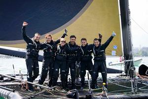 Ladycat powered by Spindrift racing celebrating their victory at the Bol d'Or MIrabaud 2014 photo copyright Chris Schmid/Spindrift Racing taken at  and featuring the  class