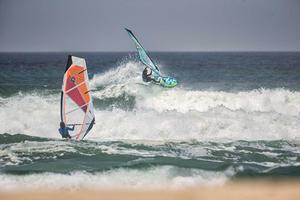 Kai Katchadourian airs over a section as Josh Stone heads out. photo copyright American Windsurfing Tour http://americanwindsurfingtour.com/ taken at  and featuring the  class