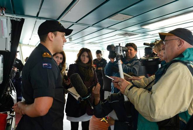 Lt Wasley being interviewed by media on OTAGO’s bridge - Django crew arrive ashore at Devonport Naval Base July 9, 2014 © New Zealand Defence Force