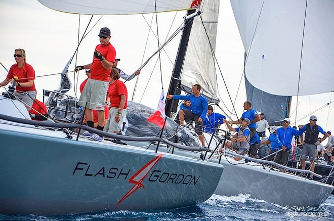 Flash Gordon, owned by Helmut Jahn, finishes just ahead of Enfant Terrible in Race 11.  - Farr 40 West Coast Championship  © Sara Proctor http://www.sailfastphotography.com