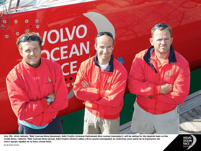 July 7th 2014: Antonio Neti Cuervas-Mons (bowman), Rafa Trujillo (trimmer/helmsman) Nico Lunven (navigator), will be sailing for the Spanish team on the Ocean Race.  © Maria Muina