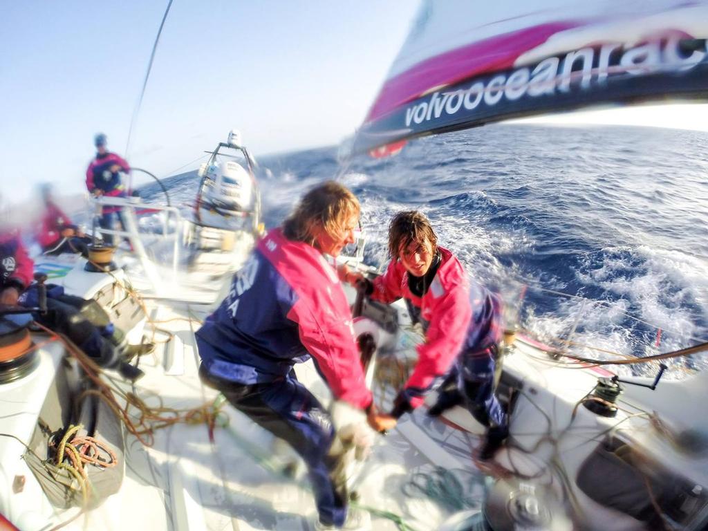 Abby and Justine dig deep during a sail manoeuvre on Sunday on board Team SCA during the Around Canaries race against Team Brunel and Team Campos - Team SCA - Around Canaries 2014 © Team SCA