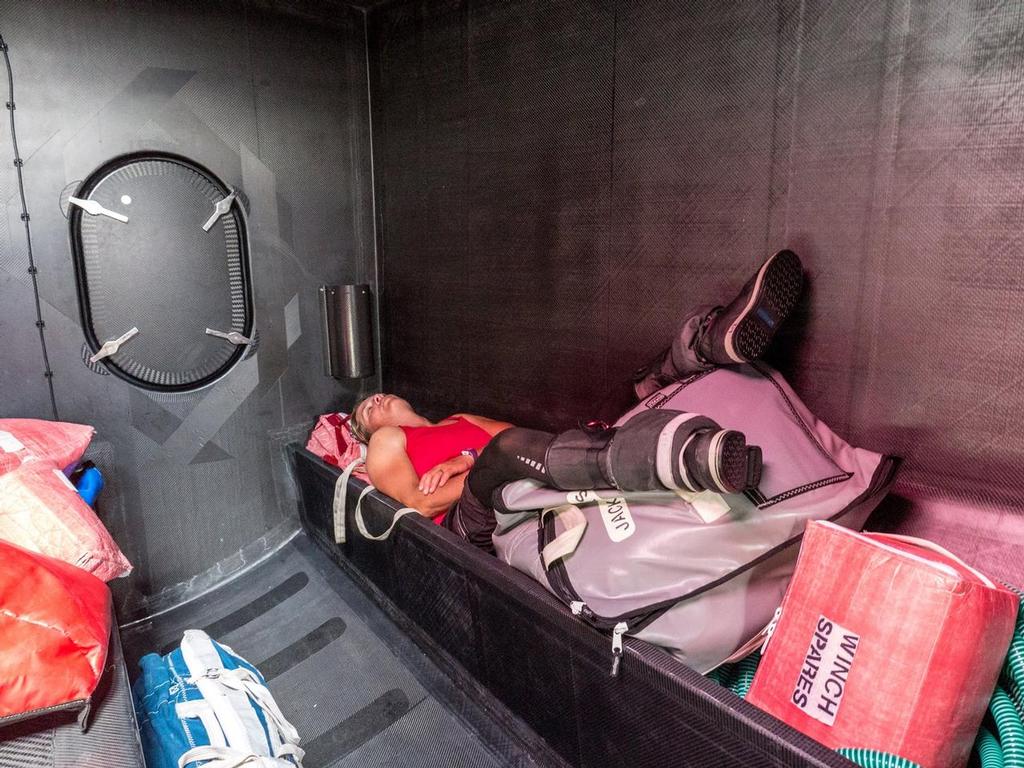 Liz grabs a bit of rest while she can. Here she is having a quick snooze on the stack while Team SCA sails slowly at 4 knots; we eventually got through the transition zone and were screaming along at 25 knots - Team SCA - Around Canaries 2014 © Team SCA