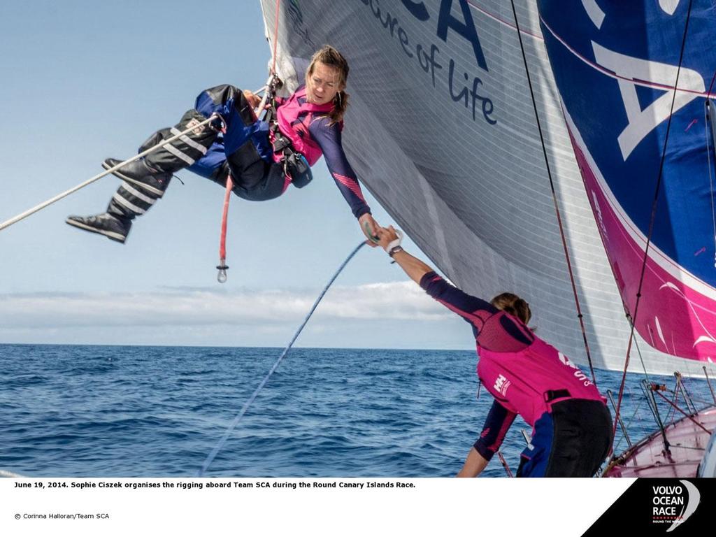 Sophie Ciszek organises the rigginh aboard Team SCA during the Round Canary Islands Race. © Corinna Halloran / Team SCA