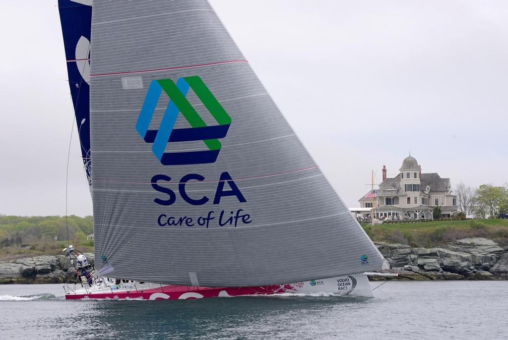 Team SCA depart Newport RI USA for Lisbon Portugal as part of their training for the Volvo Ocean Race 2014 - 2015
By Castle Hill at the entrance to Newport Harbour photo copyright Volvo Ocean Race http://www.volvooceanrace.com taken at  and featuring the  class