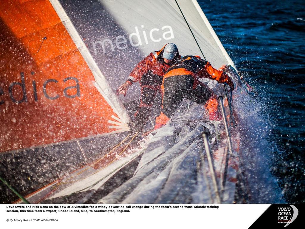 Dave Swete and Nick Dana on the bow of Alvimedica for a windy downwind sail change during the team's second trans-Atlantic training session, this time from Newport, Rhode Island, USA, to Southampton, England. Volvo Ocean Race 2014-15 ©  Amory Ross / Team Alvimedica