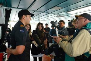Lt Wasley being interviewed by media on OTAGO's bridge - Django crew arrive ashore at Devonport Naval Base July 9, 2014 photo copyright New Zealand Defence Force taken at  and featuring the  class