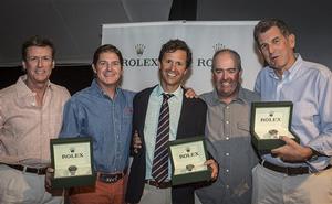 (From left) Glen Darden and Philip Williamson, co-owners of Swan 42 Hoss; Jim Vos, owner of Skoot and Dan Cameron (tactician); Ken Keefe, representing Jim Swartz's Vesper photo copyright  Rolex/Daniel Forster http://www.regattanews.com taken at  and featuring the  class