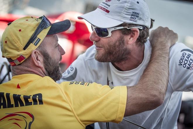 November 05, 2014.  Charles Caudrelier, skipper of Dongfeng Race and Ian Walker, skipper of Abu Dhabi Ocean Racing congratulate each other after a tight arrival to the finish line. Dongfeng Race Team  was second to Abu Dhabi Ocean Racing after Leg one from Alicante to Cape Town. - Volvo Ocean Race 2014-15 ©  Ainhoa Sanchez/Volvo Ocean Race