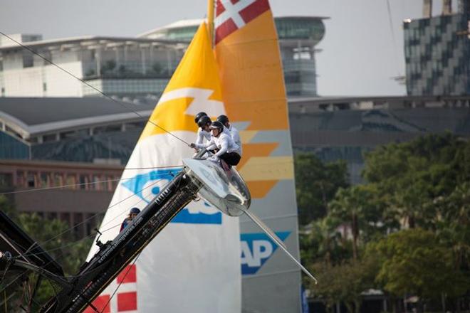 Alinghi narrowly avoided a capsize in Singapore, 2014 - Extreme Sailing Series  © Søren Wiegand Kristensen