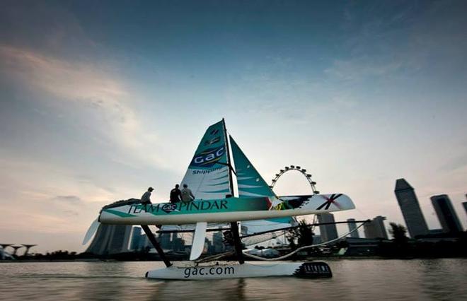 Team GAC Pindar inf ront of the world famous Singapore flyer, 2011. Extreme Sailing Series. © Lloyd Images