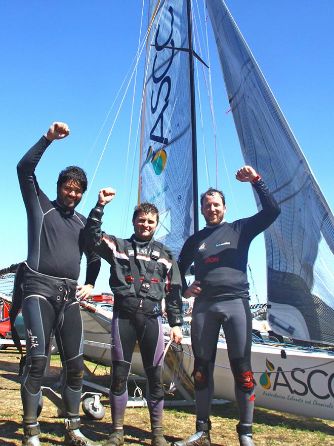 Champion ASCC skipper Brett Van Munster (c.) with  crew Paul Montague and Harry Thurston © Rich Roberts