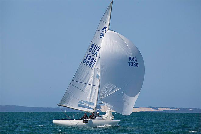 Fifteen+ under kite with the sands Moreton Island in the background. - 2014 Etchells Queensland State Championship ©  John Curnow