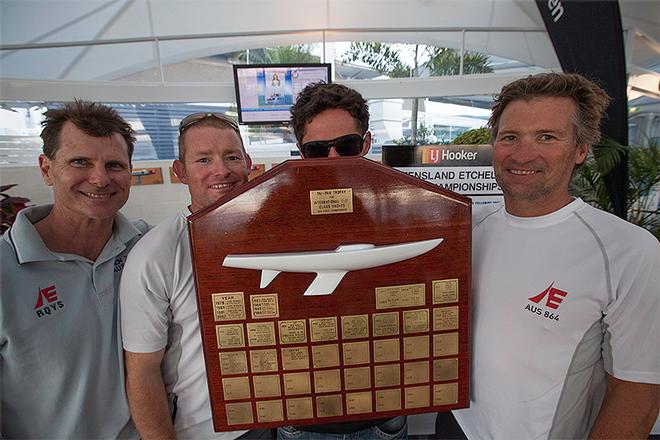 Bill Cuneo, Ash Deeks, Matt Chew in disguise and Brian Donovan with the trophy that will carry their names for another year. - 2014 Etchells Queensland State Championship ©  John Curnow