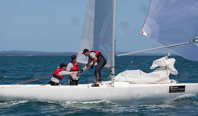 Billy Merrington congratulates Jill Connell on a great regatta. - 2014 Etchells Queensland State Championship ©  John Curnow