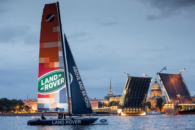 Land Rover Extreme 40 sailing on the River Neva during Saint Petersburg's famous White Nights. The interim report covers up to Act 4, Saint Petersburg. © Lloyd Images