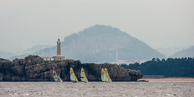 Keeping a watch on the 49ers - Ciudad de Santander Trophy - 2014 ISAF Worlds Test Event Penultimate Day © Martinez Studio
