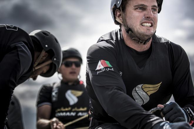 The Extreme Sailing. Act five. Cardiff. Wales. Oman Air's Headsail Trimmer Kyle Langford (AUS). © Lloyd Images