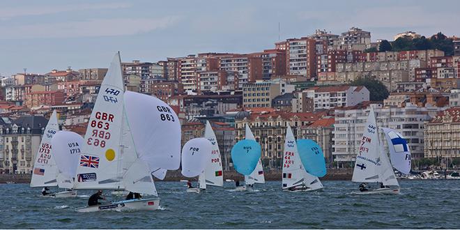 470 Medal Race with the city backdrop. - Ciudad de Santander Trophy - 2014 ISAF Worlds Test Event Penultimate Day ©  Jesus Renedo http://www.sailingstock.com