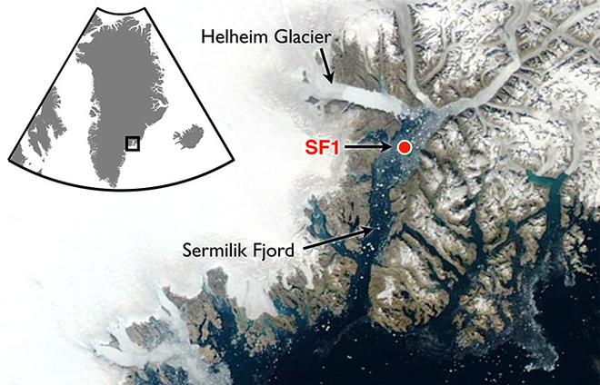 A satellite image shows Helheim Glacier, one of many glaciers that drain ice from the Greenland Ice Sheet into coastal fjords that connect to the open ocean. © Woods Hole Oceanographic Institution (WHOI) http://www.whoi.edu/