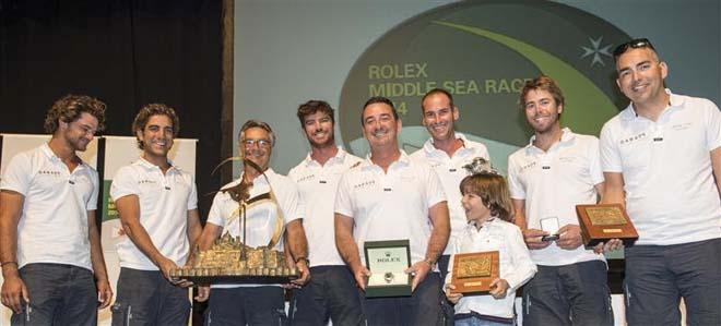 Artie crew with the Boccale Del Mediterraneo Trophy, Rolex Chronometer and the Rolex Middle Sea Race Trophy. ©  Rolex/ Kurt Arrigo http://www.regattanews.com