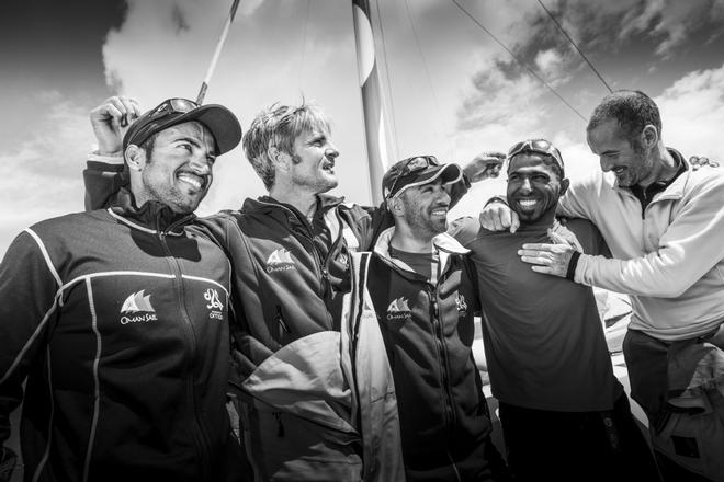The Sevenstar Round Britain Race 2014. Musandam-Oman Sail MOD70 Trimaran sets a new world record and finishes the race in 3days 3hours 32minutes 36 seconds. Beating the current record by 16 minutes. Skippered by Sidney Gavignet (FRA) and team mates Yassir Al Rahbi (OMA), Sami Al Shukaili (OMA), Fahad Al Hasni (OMA), Jan Dekker (SA), and co-skipper Damian Foxall (IRL). © Lloyd Images
