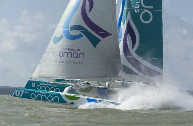 The Seven Star Round Britain and Ireland, race start. Cowes. Isle of Wight. The Oman Sail MOD70 trimaran in action, skippered by Sidney Gavignet (FRA) © Lloyd Images