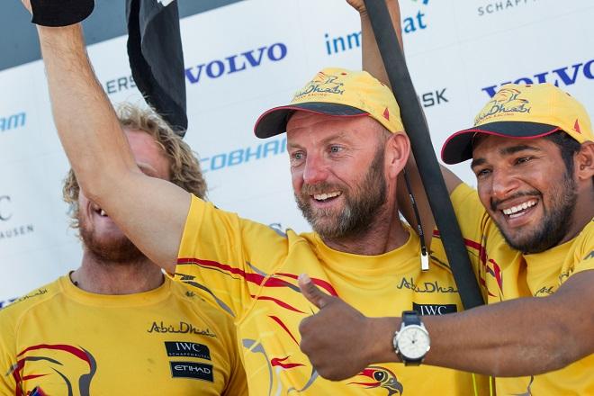 November 05, 2014. Skipper Ian Walker, Adil Khalid and Luke Parkinson on stage for the prize giving. Abu Dhabi was first of Leg one from Alicante to Cape Town. - Volvo Ocean Race 2014-15 ©  Ainhoa Sanchez/Volvo Ocean Race