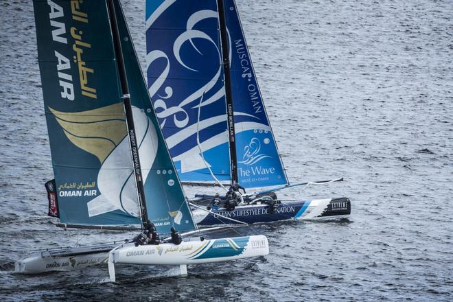 The Extreme Sailing Series 2014, Act five, Cardiff, Wales. Oman Air and The Wave, Muscat © Lloyd Images