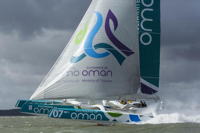 The Seven Star Round Britain and Ireland, race start. Cowes. Isle of Wight. The Oman Sail MOD70 trimaran in action, skippered by Sidney Gavignet (FRA). © Lloyd Images