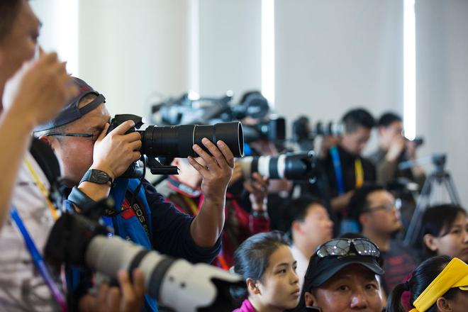 National and regional media were in attendance of the official skippers press conference for the Land Rover Extreme Sailing Series™ Act 3 Qingdao, for the 'Double Star Mingren' Cup. © Lloyd Images