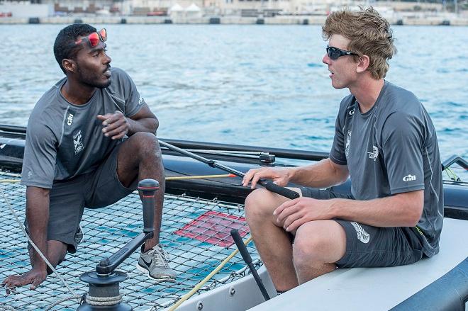 Peter Burling (right) Helm of Emirates Team New Zealand briefs Suleiman Al Manji before racing on Day 3 of the Extreme Sailing Series™ Act 7 Nice. © Emirates Team New Zealand / Photo Chris Cameron ETNZ 