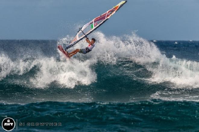 16-year-old Kimo Brown leads the charge of the young guns with the highest wave score of the day! - Amateur bracket of the AWT Severne Starboard Aloha Classic 2014 © Si Crowther / AWT http://americanwindsurfingtour.com/