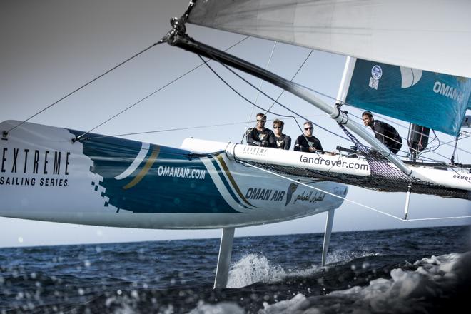 The Extreme Sailing Series 2014. Act 2. Muscat. Oman Air skippered Rob Greenhalgh (GBR) with headsail trimer Will Howden (GBR), trimer Tom Johnson (AUS), bowman Hashim Al Rashdi (OMA) and bowman Musab Al Hadi (OMA).  © Lloyd Images