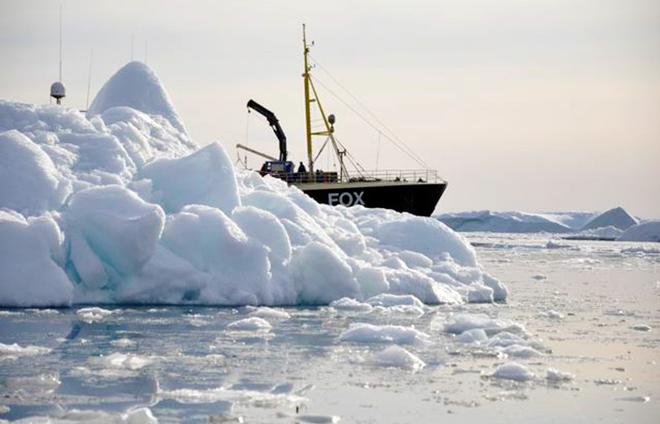 The research team returned to Sermilik Fjord in 2012 aboard the M/V Fox to recover their moorings, but the water in the upper fjord was too clogged with ice and they could not reach the site where they deployed the SF1 moorings. © Woods Hole Oceanographic Institution (WHOI) http://www.whoi.edu/