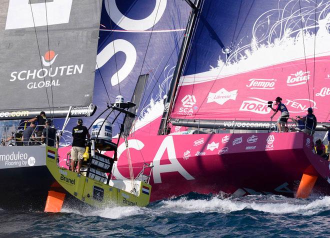 Volvo Ocean 2014-15 Inport Race in Alicante with Prince Carl Philip of Sweden, Jan Johansson CEO SCA and Johan Heden, friend of SCA onboard. © Rick Tomlinson / Team SCA
