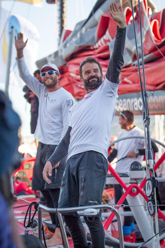November 05, 2014. Pascal Bidegorry and Charles Caudrelier at their arrival to the pontoon. Dongfeng Race Team was second to Abu Dhabi Ocean Racing after Leg 1 from Alicante to Cape Town in the Volvo Ocean Race. ©  Ainhoa Sanchez/Volvo Ocean Race
