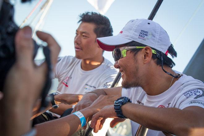 November 05, 2014. Jiru Yang, aka Wolf and Jin Hao Chen, aka Horace talking to the media on their arrival to the pontoon. Dongfeng Race Team was second to Abu Dhabi Ocean Racing after Leg 1 from Alicante to Cape Town in the Volvo Ocean Race. ©  Ainhoa Sanchez/Volvo Ocean Race