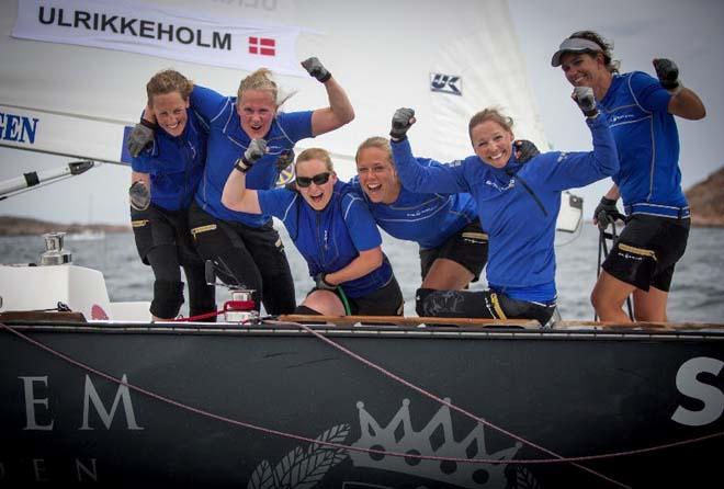 Camilla Ulrikkeholm and her crew from Denmark cheering after their fourth consecutive victory in Lysekil Women's Match, the third stage of the 2014 Women's International Match Racing Series. © Dan Ljungsvik / LWM