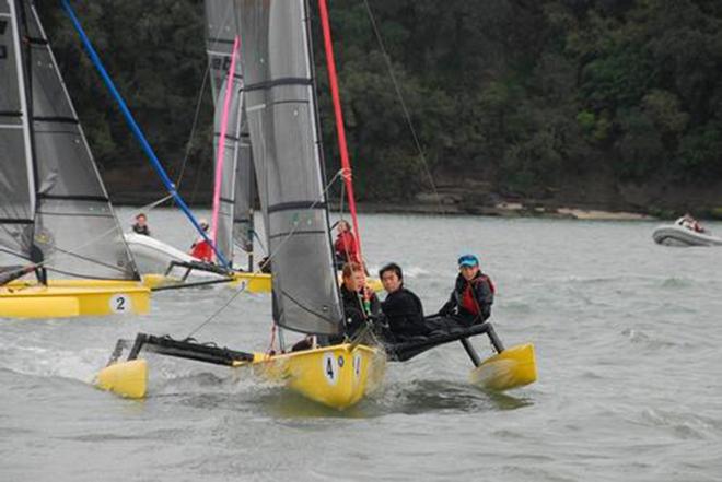 Weta Trimaran crew Racing at it’s best - FBYC - Youth Challenges Cup © Charles Winstone