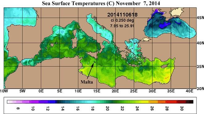 Figure 4. Sea Surface Temperatures (SSTs) near Malta are about 23°C (73°F), which is warm enough to support a subtropical storm, but probably not a tropical storm. Ocean temperatures are cooler on the east side of Sicily, about 21°C (70°F.) The coldest waters I've seen an Atlantic tropical storm form in were 22°C during Hurricane Epsilon of 2005. Cool air aloft can offset cold SSTs and create the instability needed to create a Medicane. © US Navy