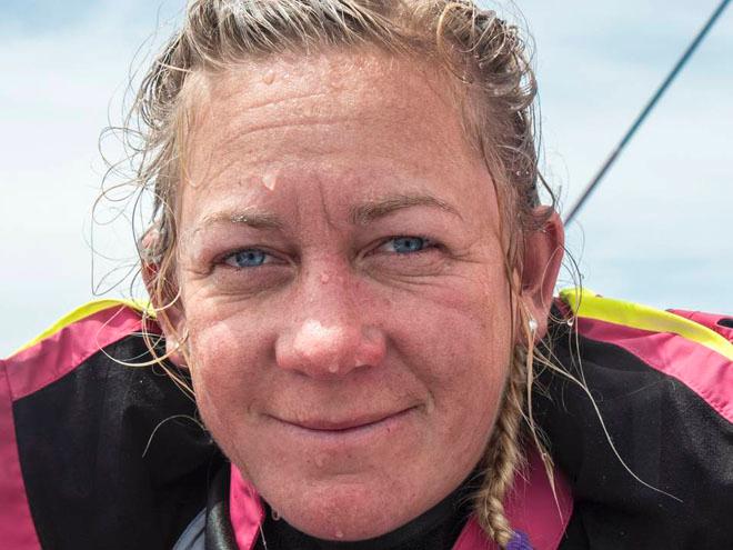 Sophie Ciszek rised with a bit of fresh water after working on the bow in the Southern Ocean. © Corinna Halloran / Team SCA