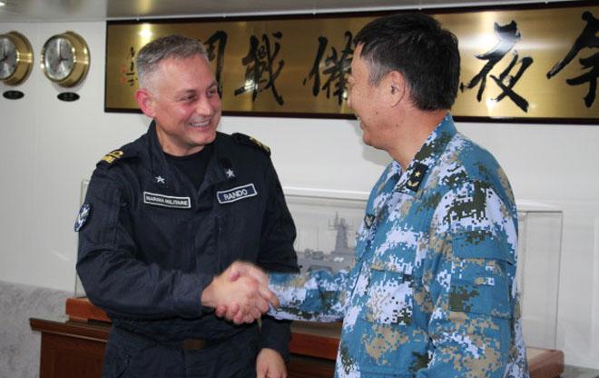 The Commander of the Chinese Naval Escort Task Group 989, Rear Admiral Zhang Chuanshu (on the right) and the EU Force Commander Rear Admiral Guido Rando (on the left). © EU Naval Force Media and Public Information Office http://eunavfor.eu/