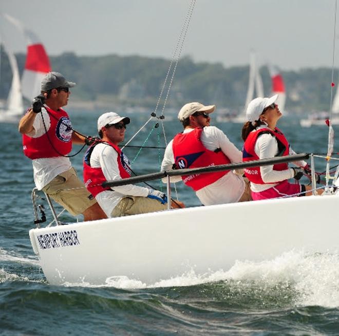 The Newport Harbor Yacht Club team was nearly untouchable during the four days of the U.S. Qualifying Series, winning 13 of 17 races. The team included (left to right) Jon Pinckney, skipper Michael Menninger, Gregory Helias and Taylor Grimes. © Allen Clark/Photoboat.com