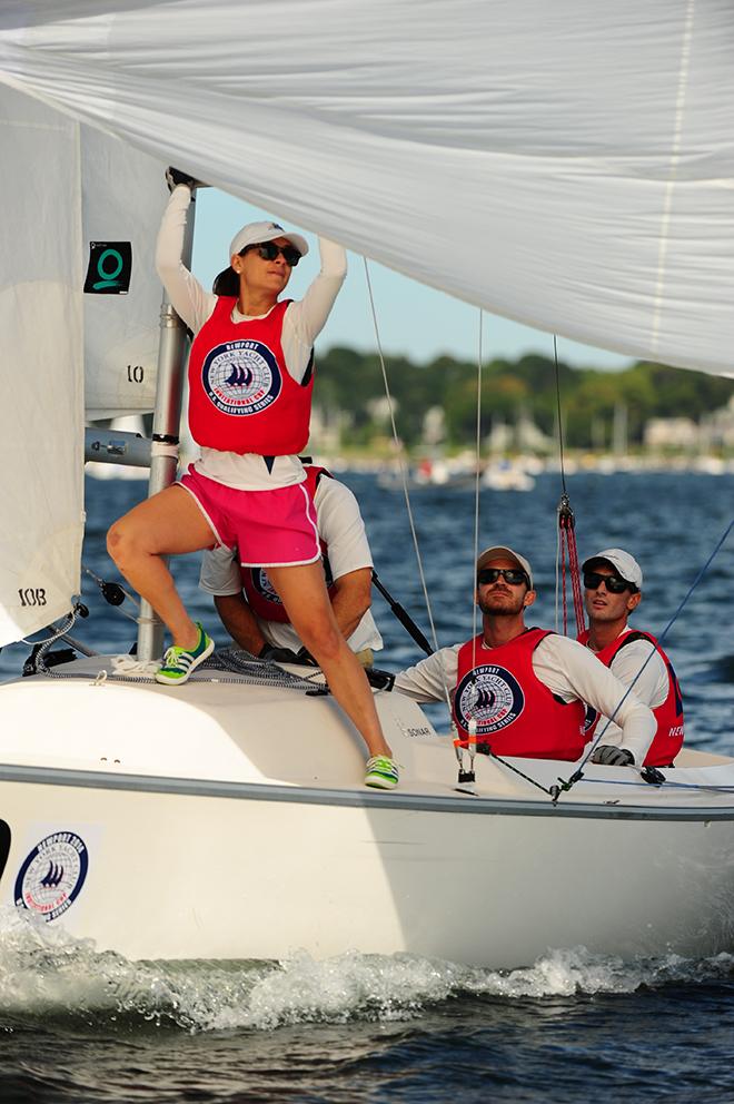 Newport Harbor Yacht Club bowperson Taylor Grimes jibes the spinnaker pole en route to a Red Fleet win for the Southern California club. © Allen Clark/Photoboat.com