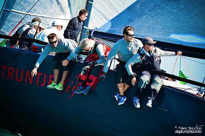 Angela Schaefer is always one of the hardest hikers in the Farr 40 class. Angela, on the rail in red foul weather gear, leans as far as possible over the lifeline while her husband Wolfgang sails Struntje Light upwind during Friday's racing. - 2014 Rolex Big Boat Series © Sarah Proctor