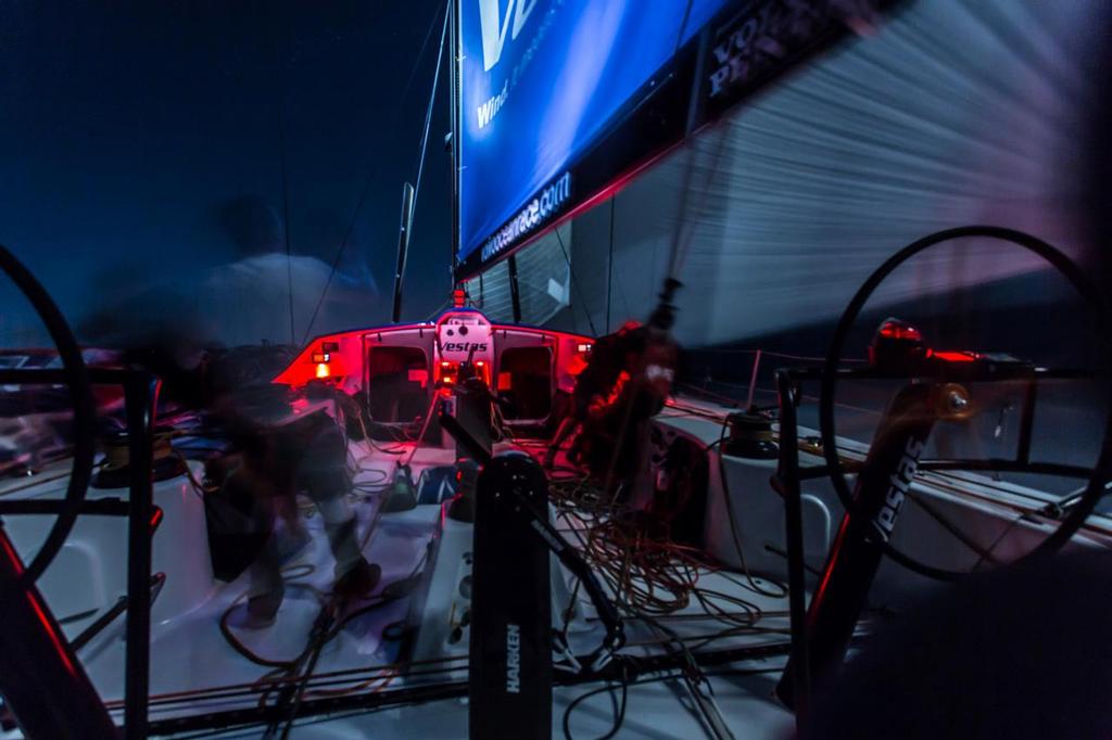 September 5, 2014. The lights at night onboard a Volvo Ocean 65. © Brian Carlin - Team Vestas Wind